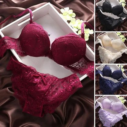 2 Pcs/Set Women Underwear Set Bra Panties Set Lace Push Up Elastic Deep V Neck Solid Color Soft Padded With Wire Bow-knot Back C