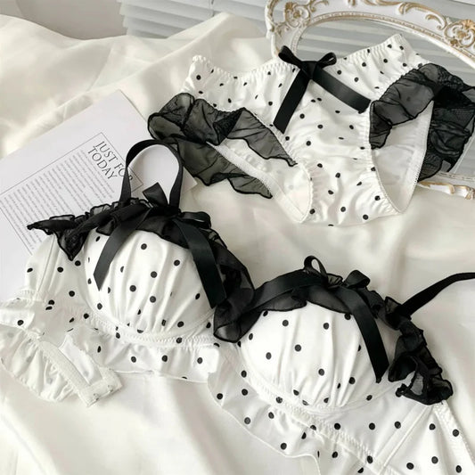 Women's Cute Bow & Polka Dot Bra Set - No Wire Push Up for Petite Chest, Comfort Lace Underwear Set (2-Piece)