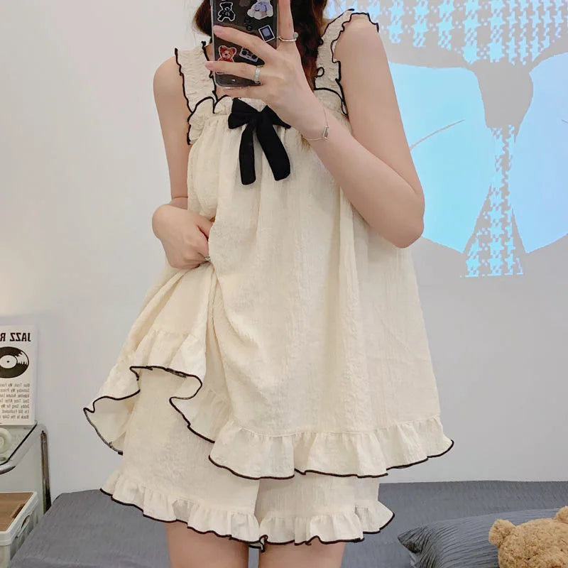 Women Summer Suspenders Two Pieces Pajamas Short With Bow Sleeveless Thin Sweet Cute Cotton Homewear Loose Soft Square Collar