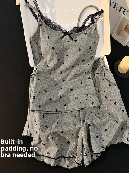 Sexy Modal Cotton Strap Sleepwear Women's Set with Chest Pad Two-Piece Home Clothes Short Sleeve round Neck Summer Nightgown