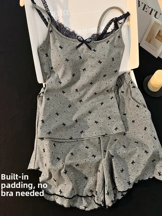 Sexy Modal Cotton Strap Sleepwear Women's Set with Chest Pad Two-Piece Home Clothes Short Sleeve round Neck Summer Nightgown