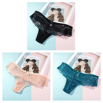 Women's Lace Thong Panties Brazilian Cut Low Waist Sexy See Through Lingerie Hollow Out Comfortable Elastic Underwear