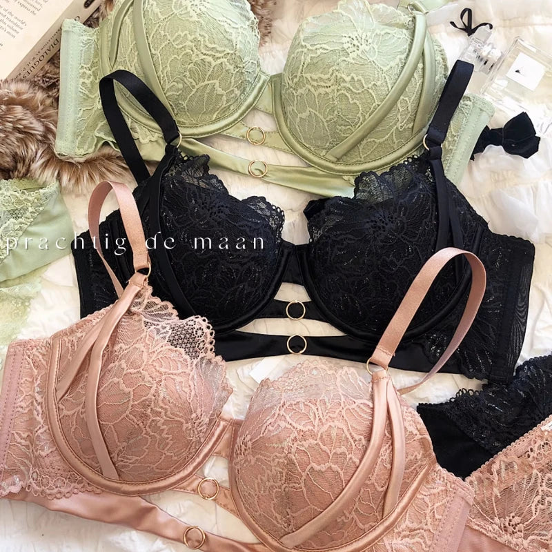 2 Pieces Sexy Lace Underwear Set for Women French Thin Cup Comfort Bra Set Flowers Embroidery Lingerie Hollow Push Up Brassiere