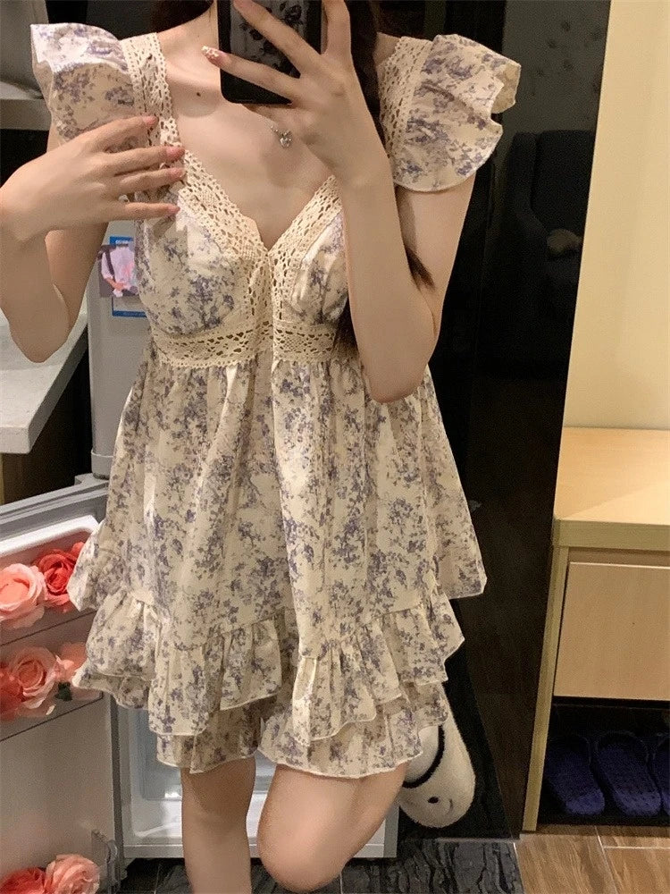 Sweet Princess Style Women's Lace Nightgown Set with Chest Pad V-Neck Short Pants Cotton Summer Sleepwear Casual Home Clothes