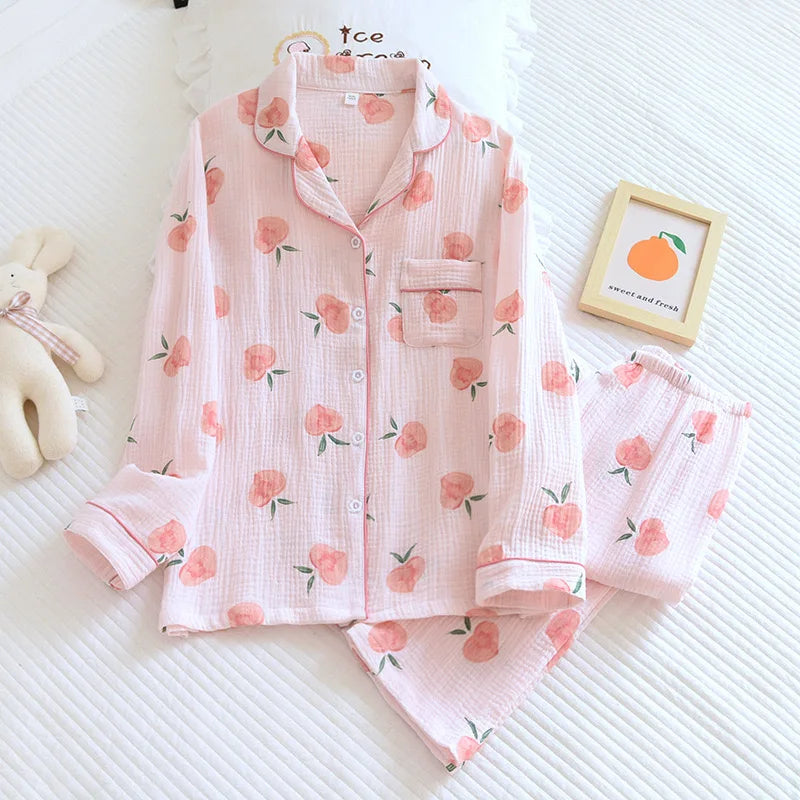 100% Cotton Gauze Women Pajamas Polka Dot Print Sleepwear 2025 Spring Female 2 Piece Set Nightwear Lady Pyjamas Loungewear