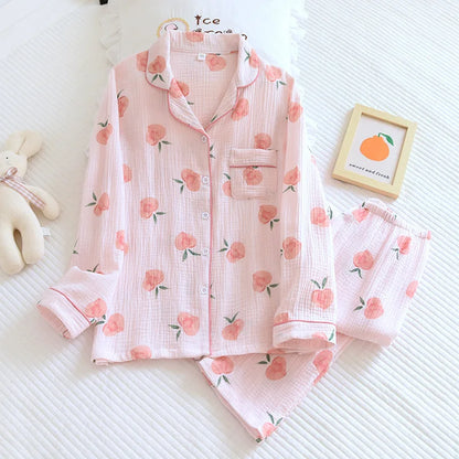 100% Cotton Gauze Women Pajamas Polka Dot Print Sleepwear 2025 Spring Female 2 Piece Set Nightwear Lady Pyjamas Loungewear