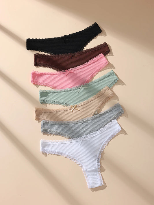 7Pcs/Set Women Thongs Panties Cotton Sexy Lace Underwear Tanga Solid Pants Plus Size Underpants G-Strings Female Lingerie S-3XL