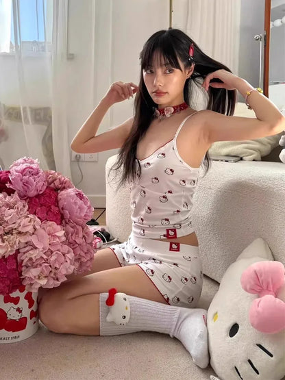 Y2K Hello Kitty Pajamas Set Anime Sanrio Summer Woman Vest Shorts Pajama Sweet Student Casual Wear Girl Cartoon Homewear