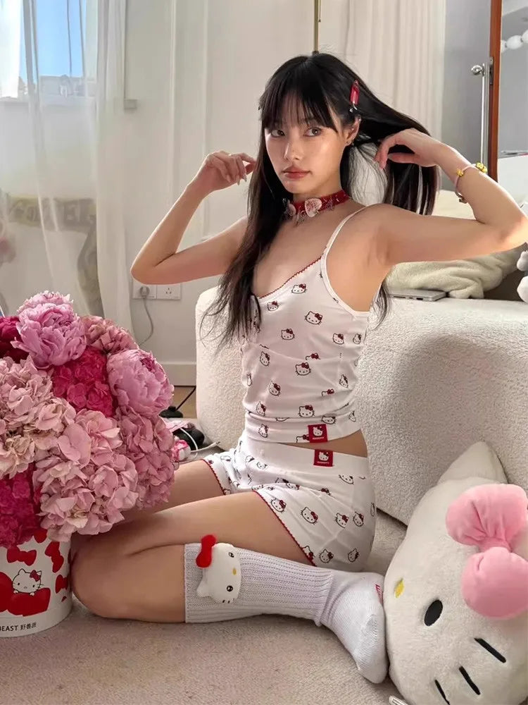 Y2K Hello Kitty Pajamas Set Anime Sanrio Summer Woman Vest Shorts Pajama Sweet Student Casual Wear Girl Cartoon Homewear