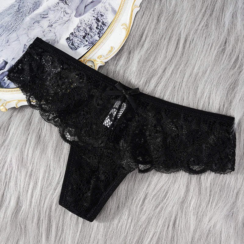 Women's Lace Thong Panties Brazilian Cut Low Waist Sexy See Through Lingerie Hollow Out Comfortable Elastic Underwear