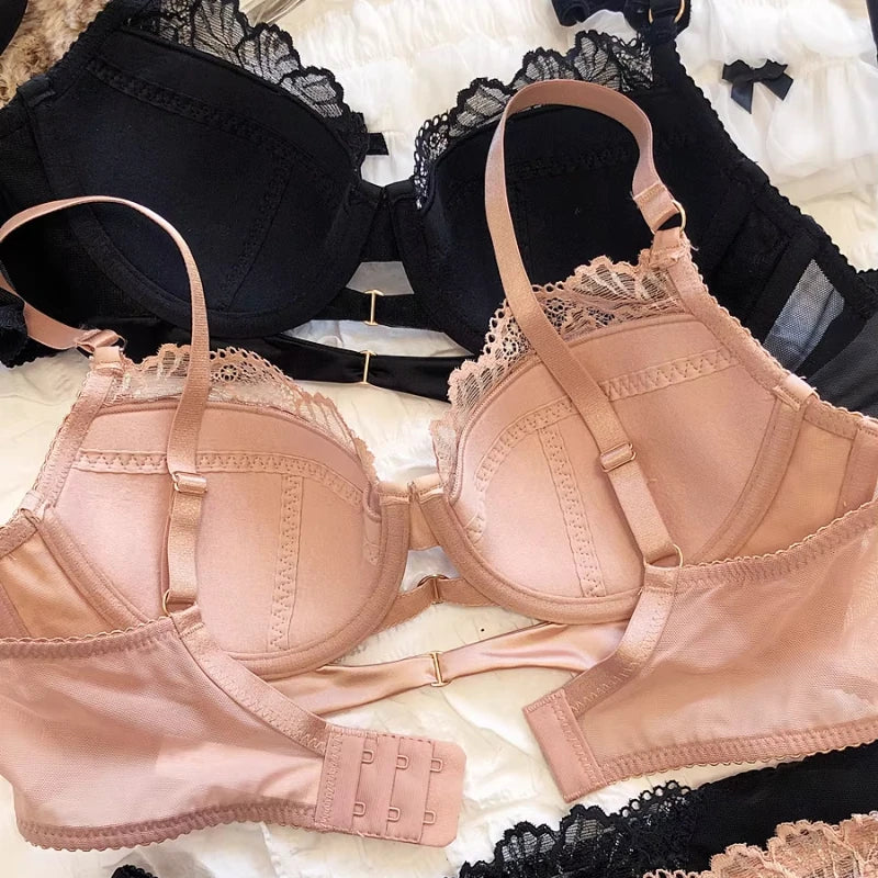 2 Pieces Sexy Lace Underwear Set for Women French Thin Cup Comfort Bra Set Flowers Embroidery Lingerie Hollow Push Up Brassiere