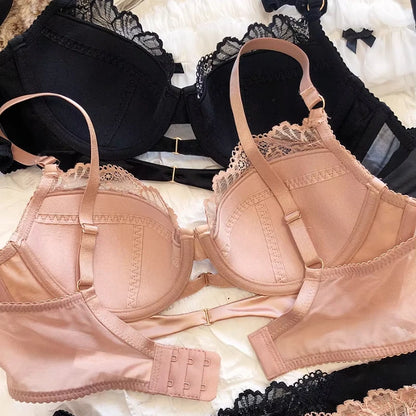 2 Pieces Sexy Lace Underwear Set for Women French Thin Cup Comfort Bra Set Flowers Embroidery Lingerie Hollow Push Up Brassiere