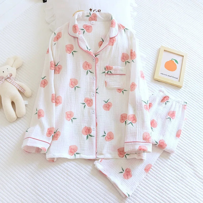 100% Cotton Gauze Women Pajamas Polka Dot Print Sleepwear 2025 Spring Female 2 Piece Set Nightwear Lady Pyjamas Loungewear